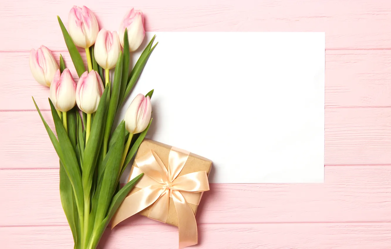 Photo wallpaper flowers, gift, bouquet, tulips, pink, wood, pink, flowers