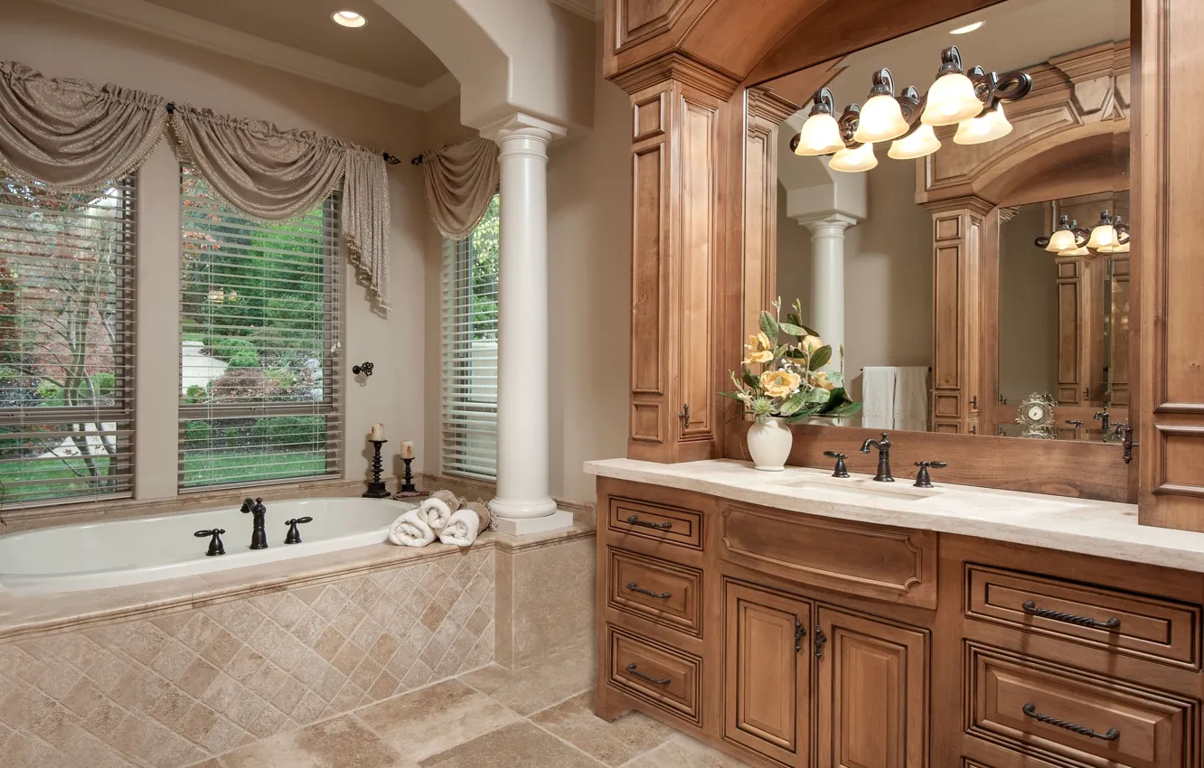 Photo wallpaper furniture, lamp, towel, window, bath, bathroom