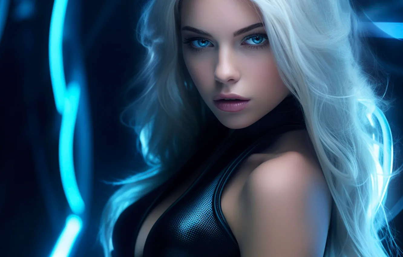Photo wallpaper look, girl, background, neon, dress, blonde, blue eyes, blue eyes