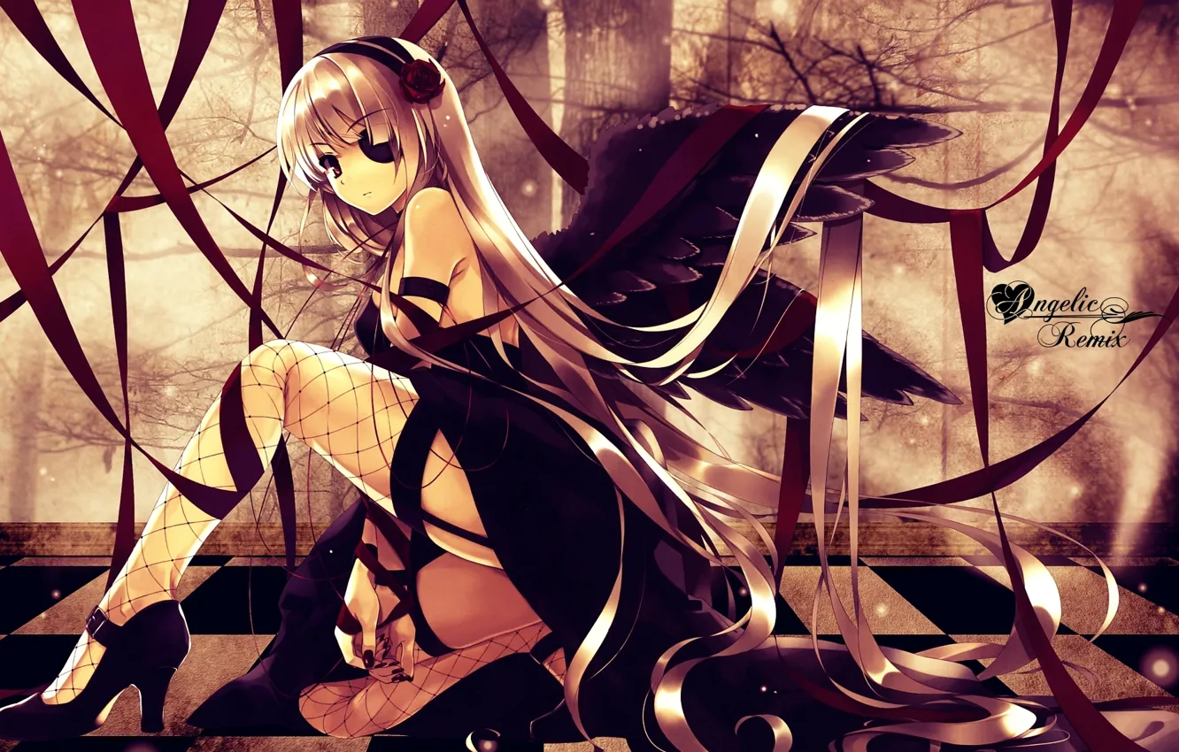 Photo wallpaper black, wings, cell, blonde, tape, chess, stockings-fishnet, Angelic Remix
