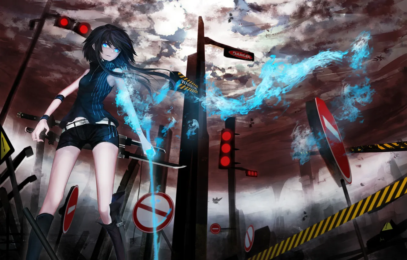 Photo wallpaper the sky, girl, clouds, weapons, sign, katana, anime, art