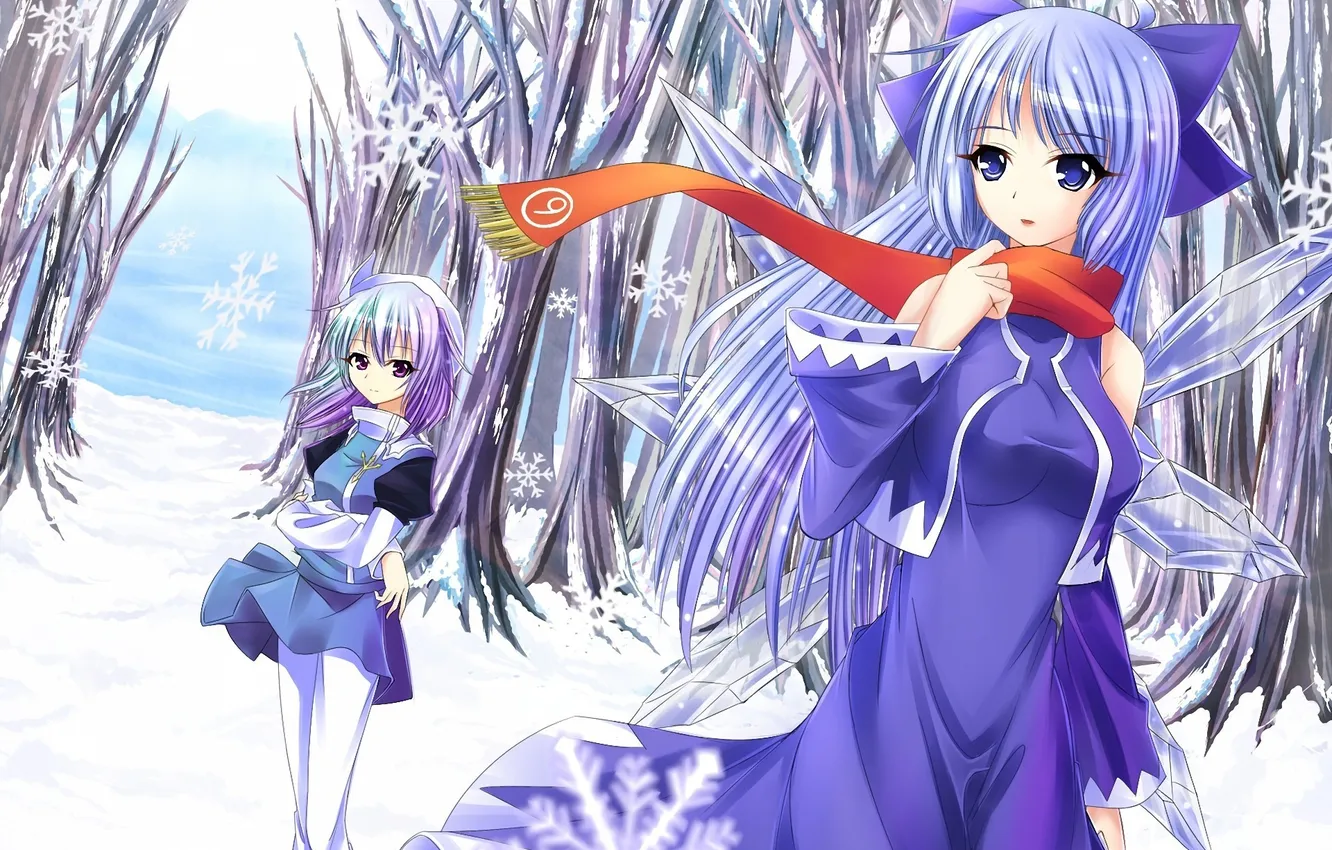 Photo wallpaper winter, snow, trees, snowflakes, wings, scarf, art, girl
