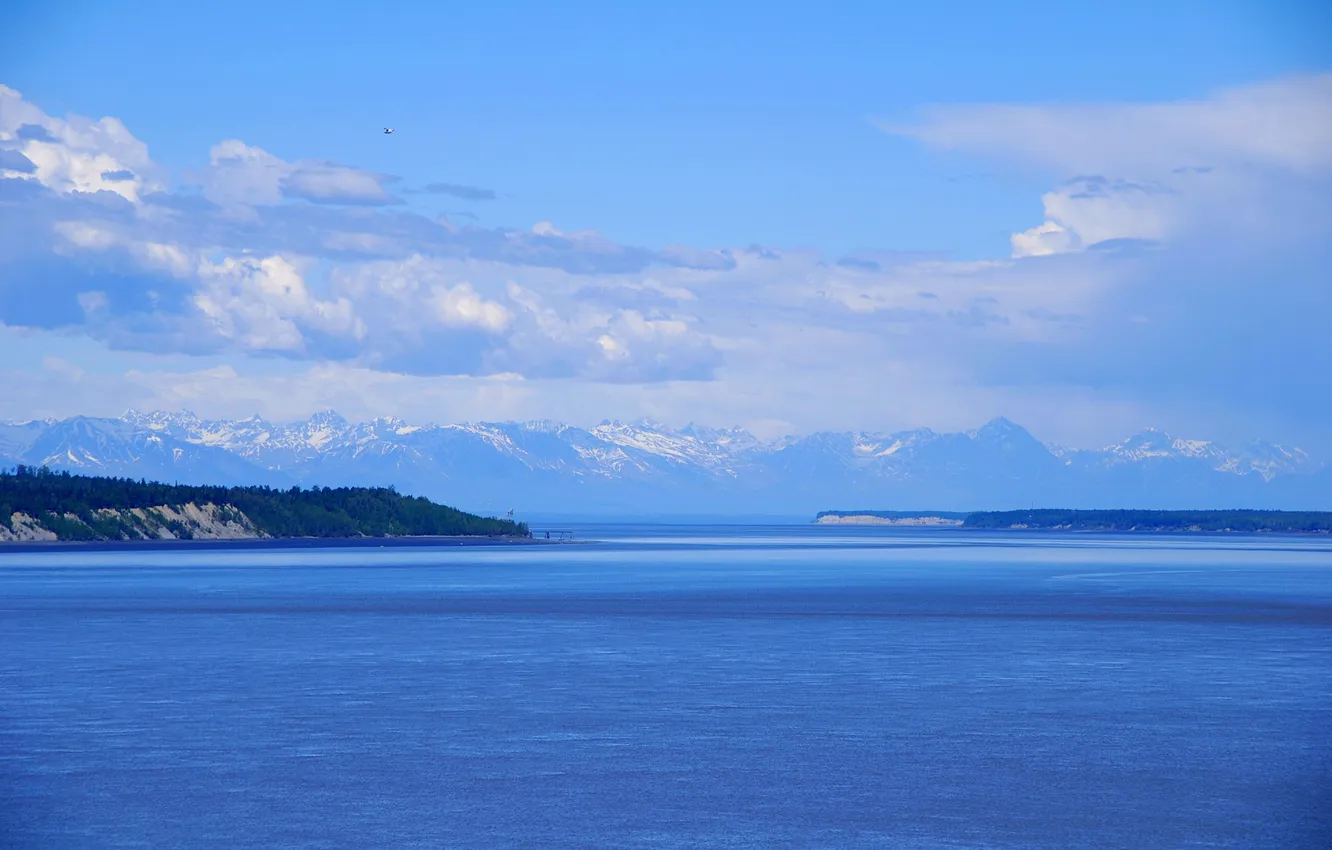 Photo wallpaper the sky, clouds, mountains, shore, Bay