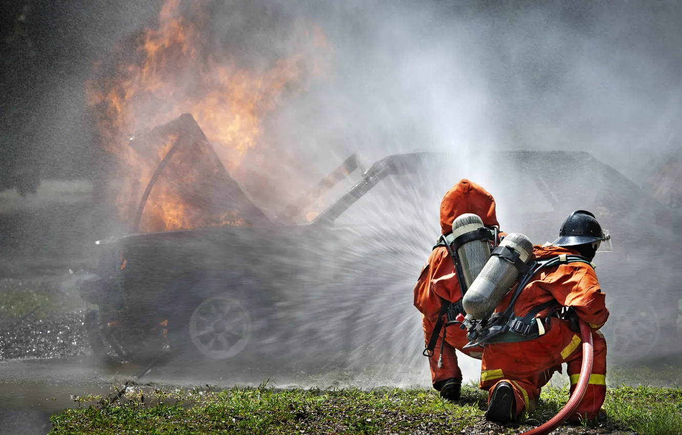 Photo wallpaper car, fire, water, respiratory protection equipment, fire suits