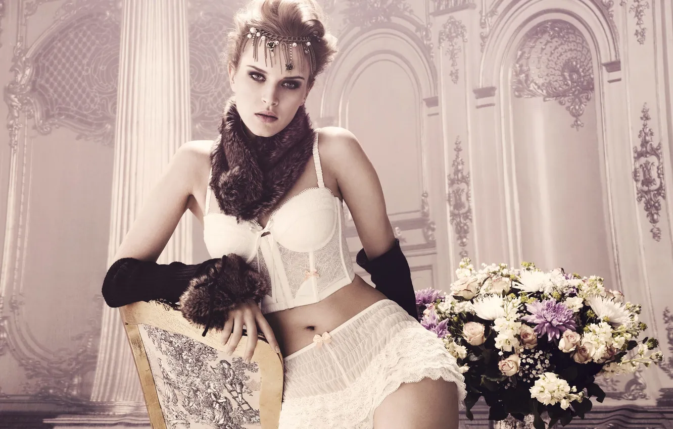 Photo wallpaper look, girl, flowers, room, model, blonde, shorts, body