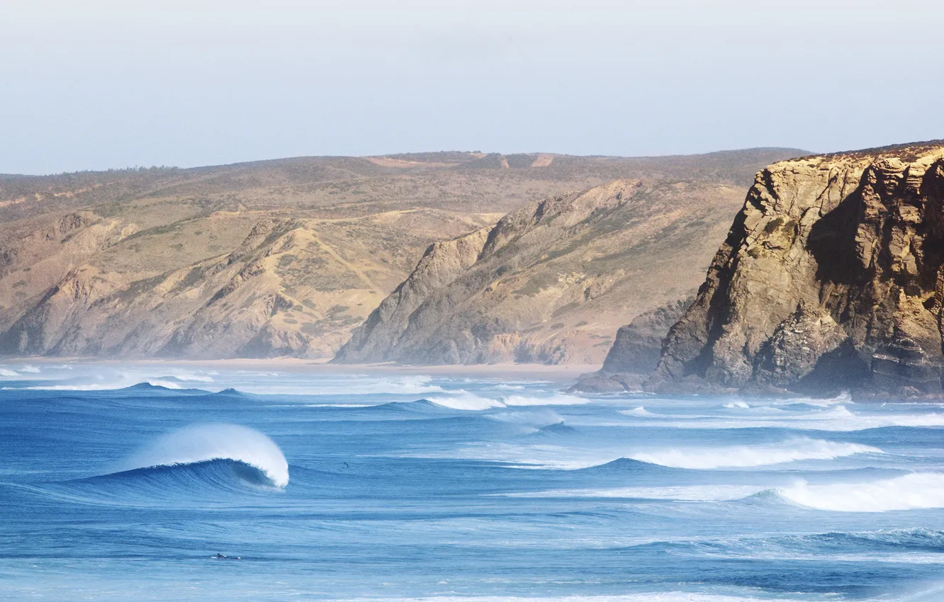 Photo wallpaper wave, beach, the sky, squirt, rocks, seagulls, surfer, surfing
