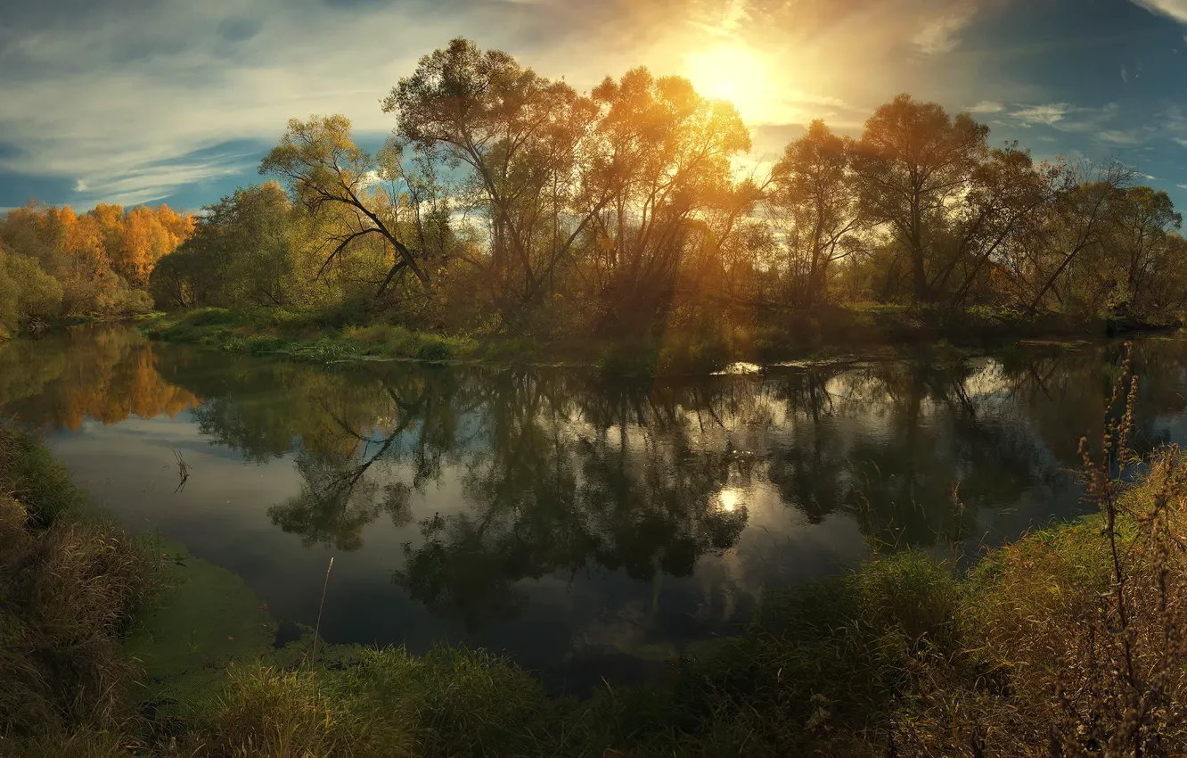 Photo wallpaper autumn, the sky, water, the sun, clouds, light, trees, Alex Nick