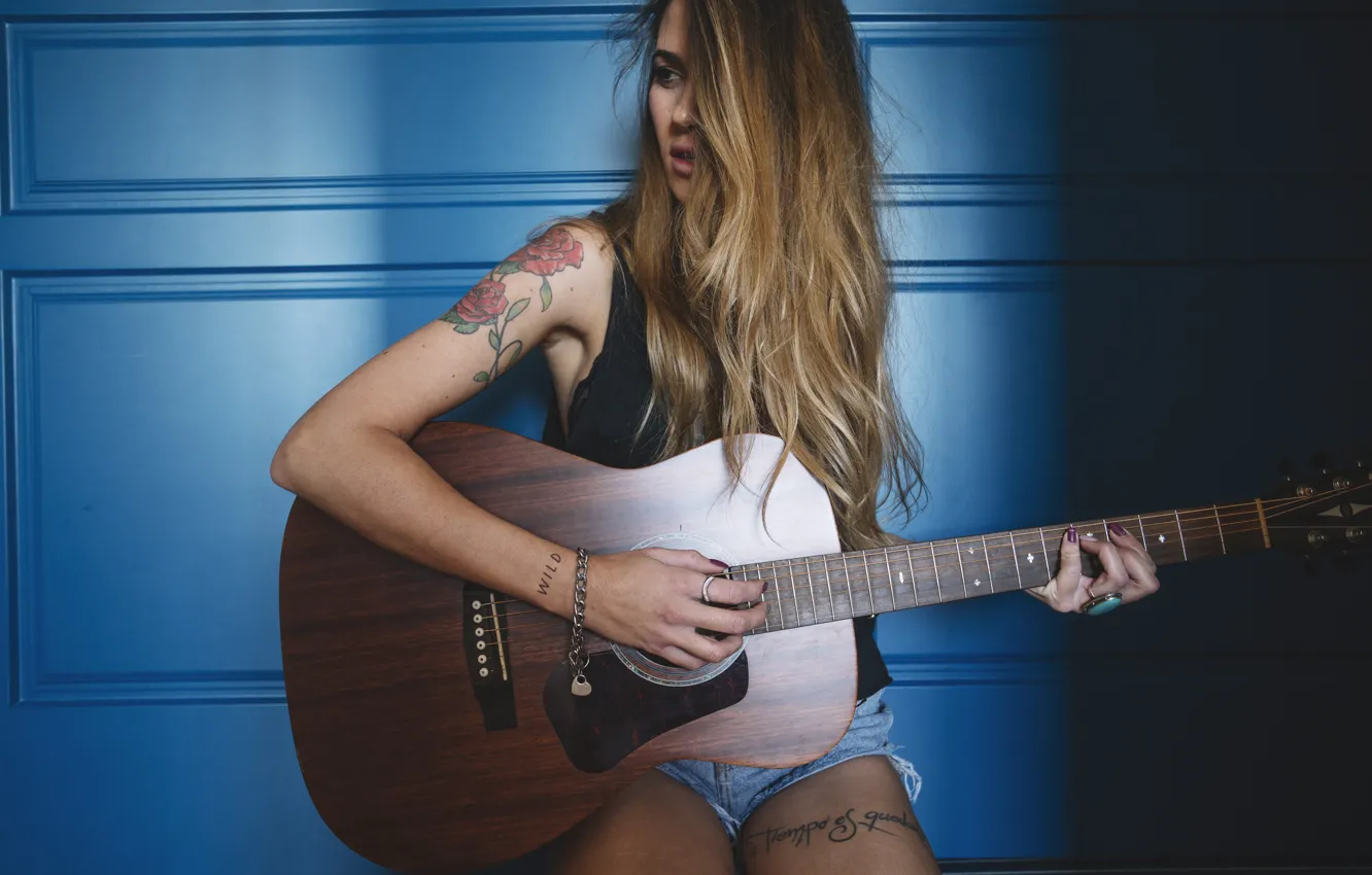 Photo wallpaper girl, guitar, tattoo, long hair, blue background