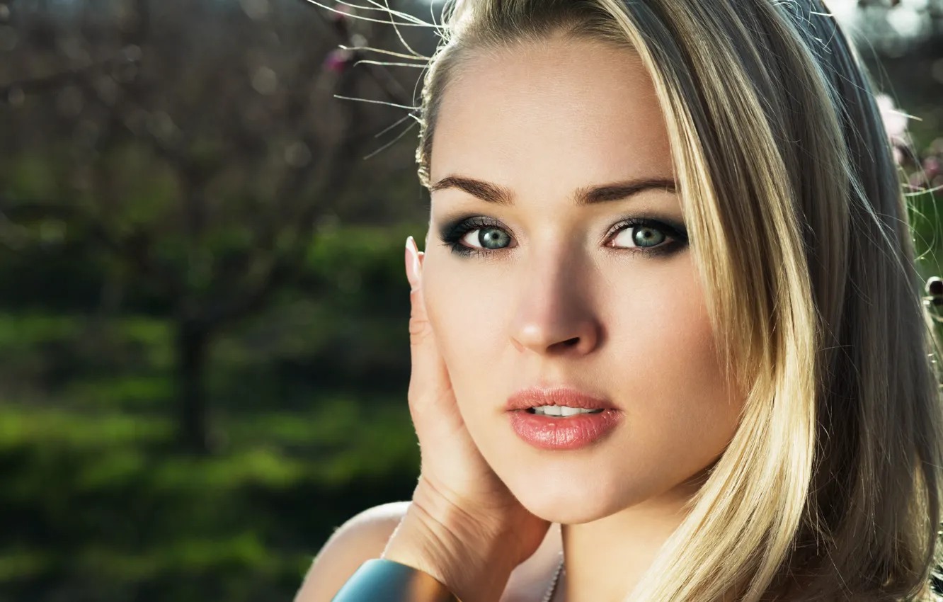 Photo wallpaper look, girl, nature, hair, shadow, hands, makeup, blonde