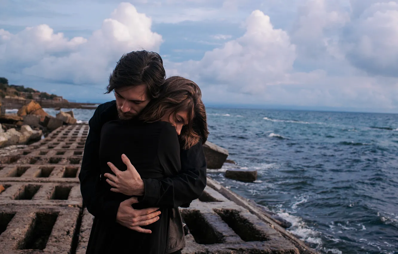 Photo wallpaper girl, shore, guy