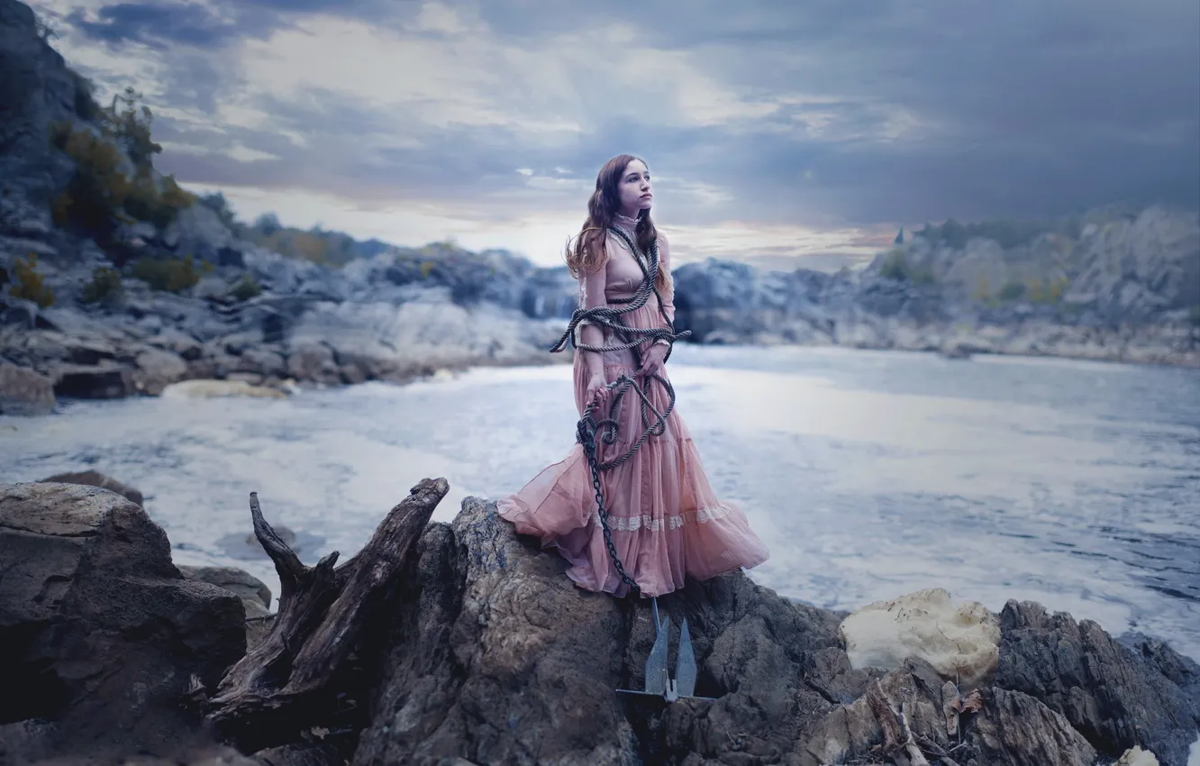 Photo wallpaper sea, girl, anchor