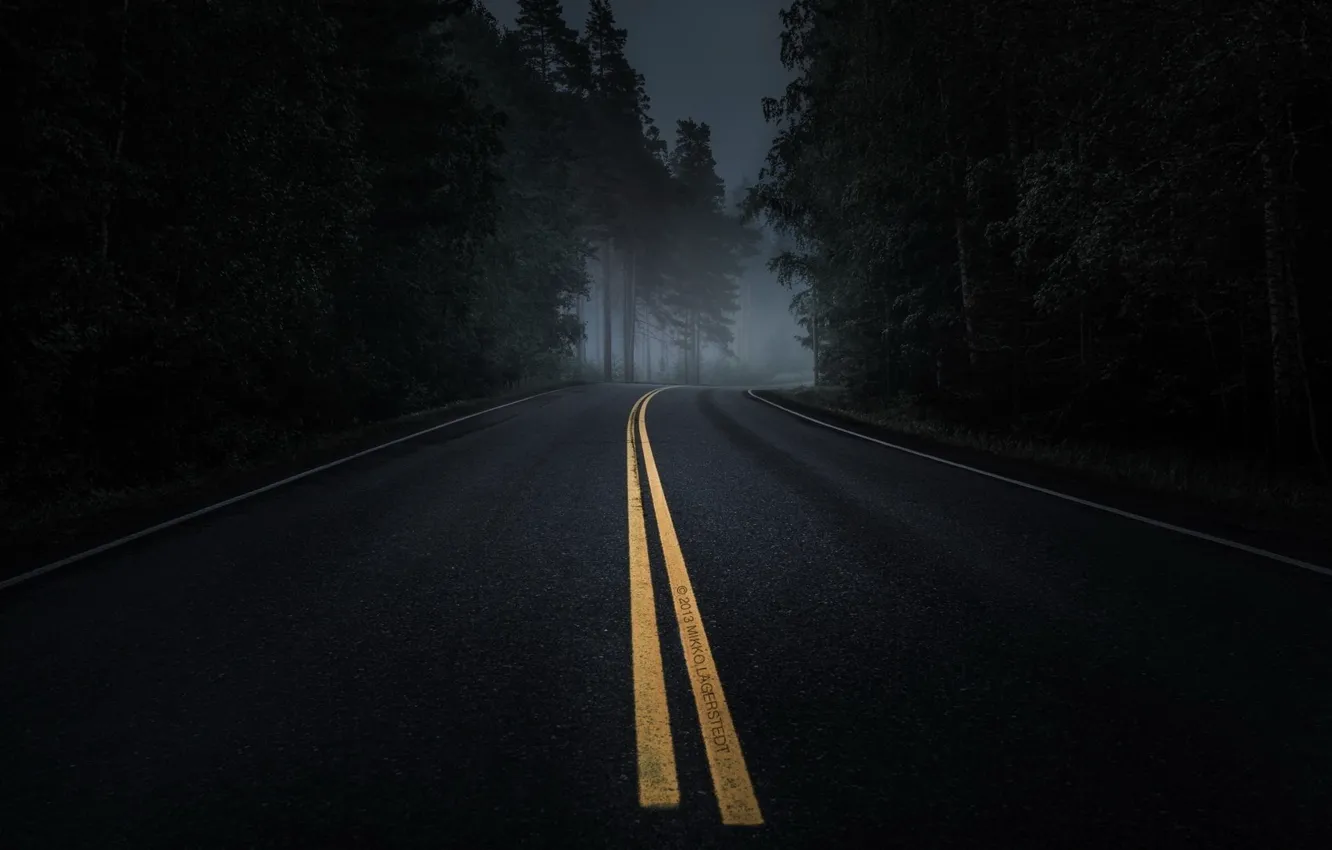 Photo wallpaper road, forest, night, beautiful