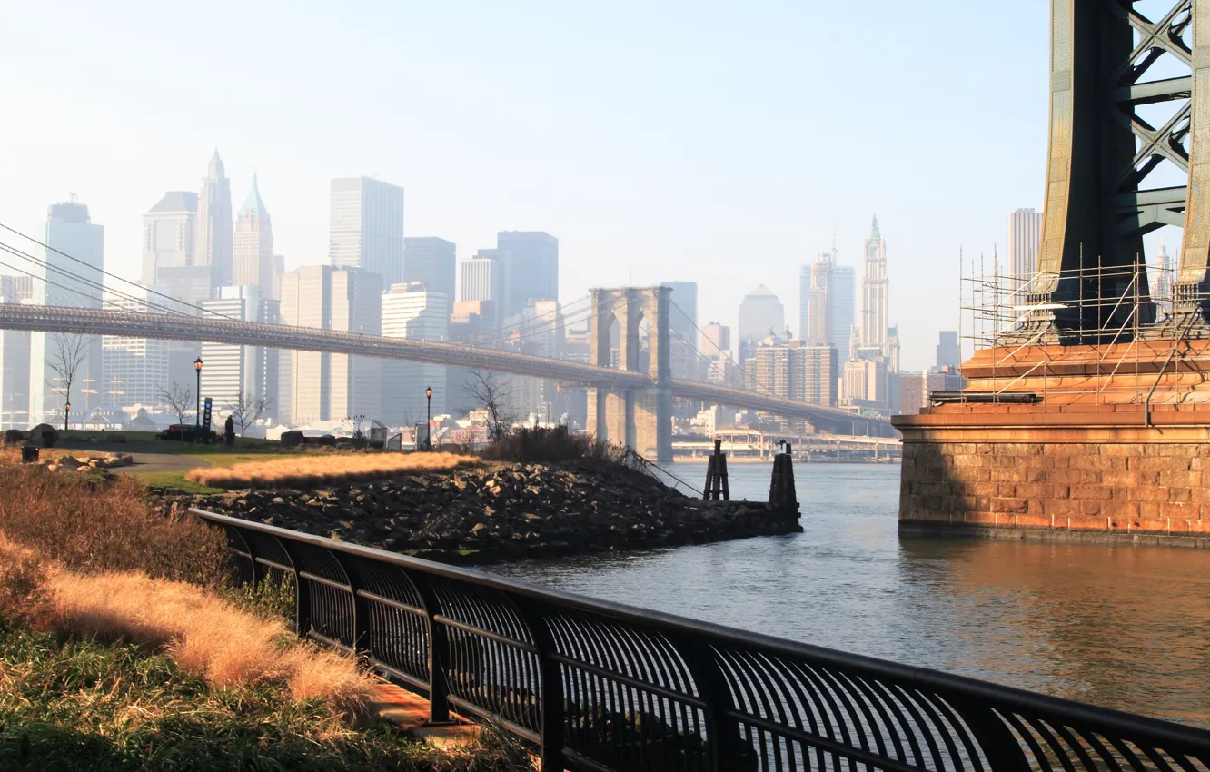 Photo wallpaper sea, grass, water, bridge, the city, the ocean, home, skyscrapers