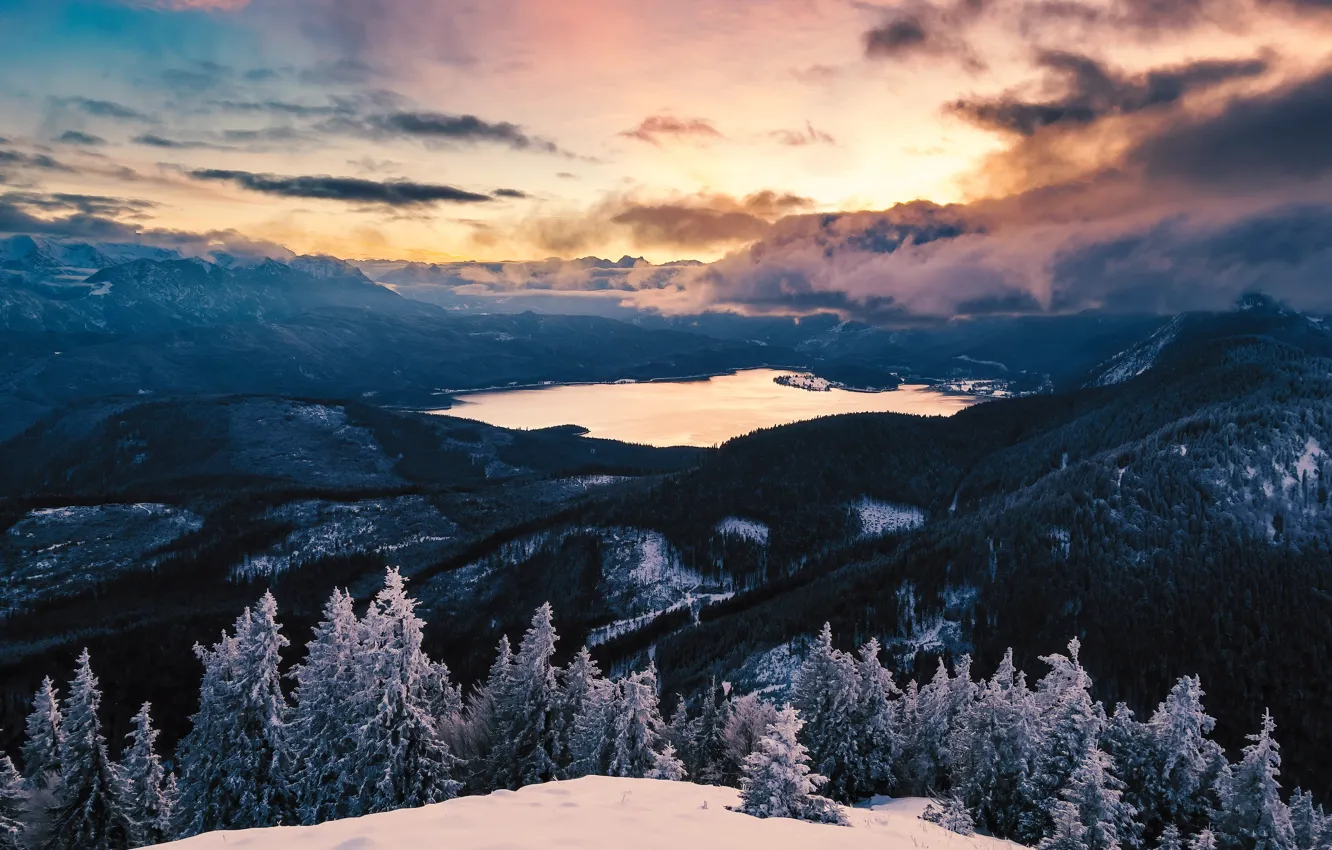 Photo wallpaper winter, sunset, mountains