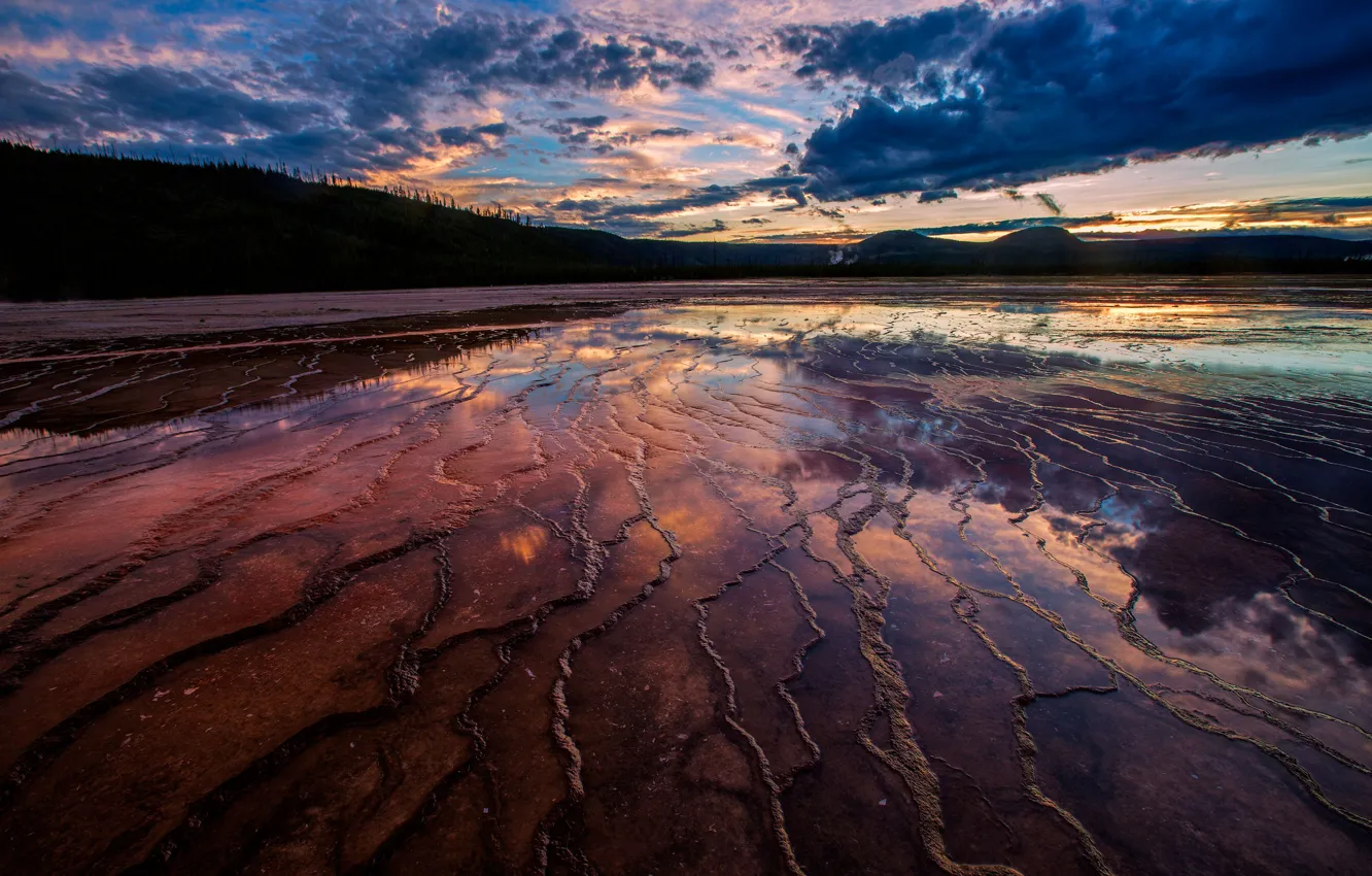 Photo wallpaper forest, beach, sunset, reflection, hills, the evening, tide