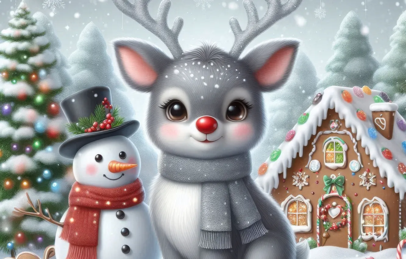 Photo wallpaper winter, forest, snow, grey, new year, deer, Christmas, house