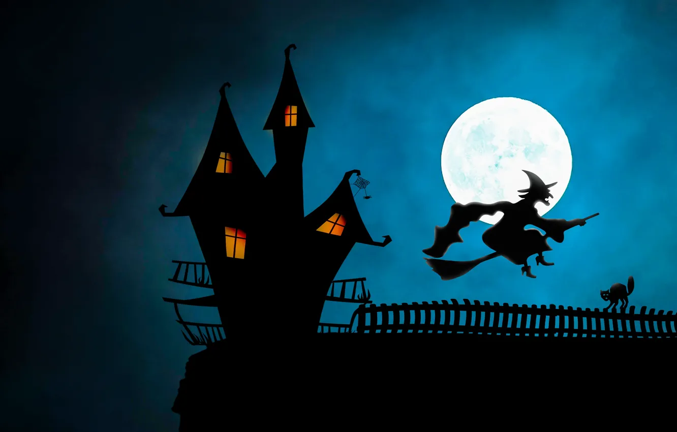 Photo wallpaper night, Halloween, witch, broom