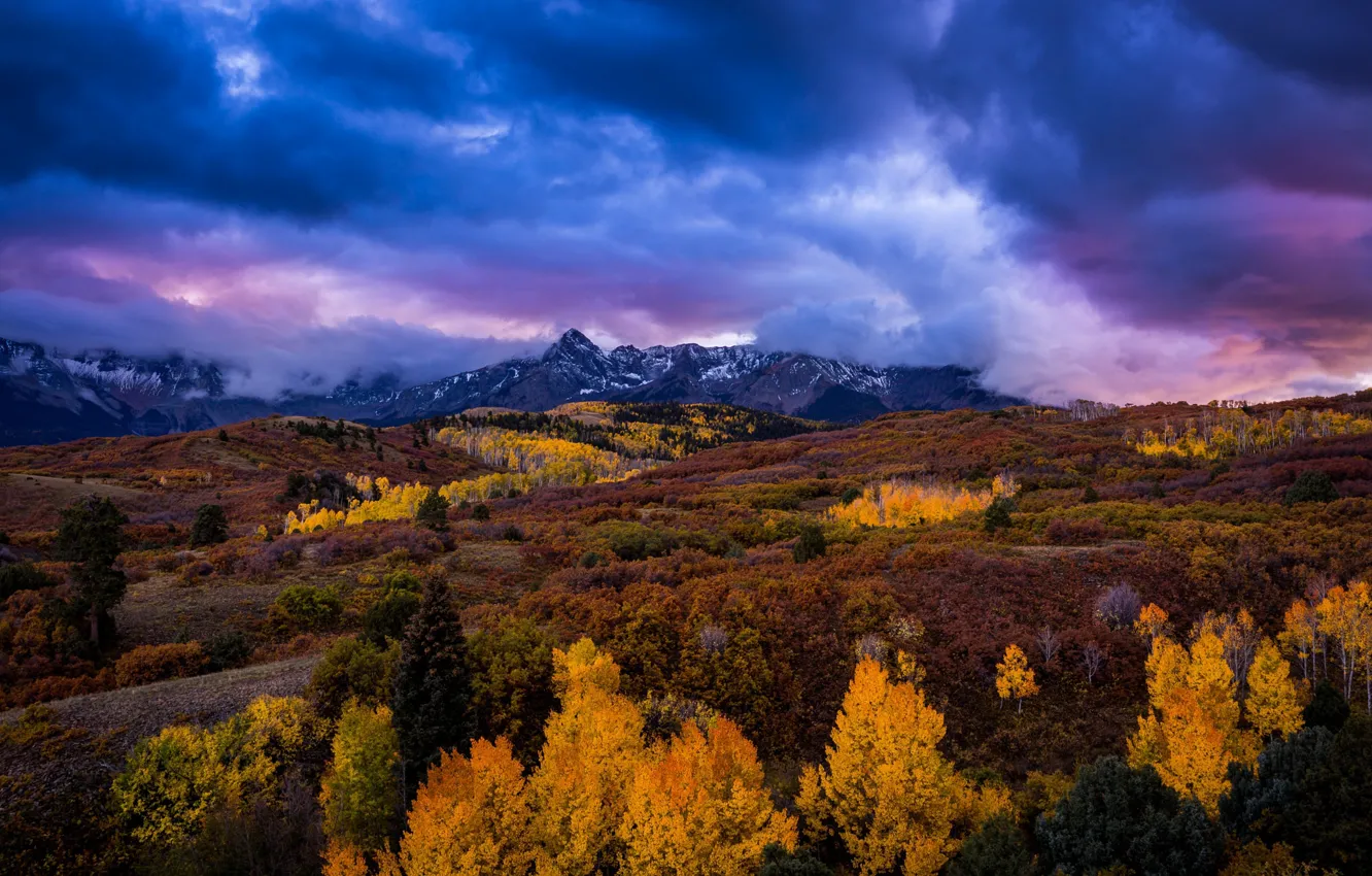 Photo wallpaper autumn, the sky, clouds, trees, mountains