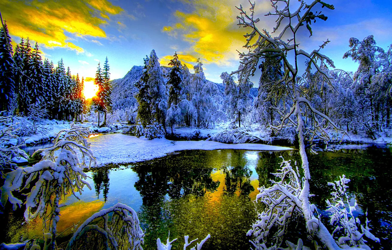 Photo wallpaper winter, the sky, snow, trees, sunset, mountains, lake