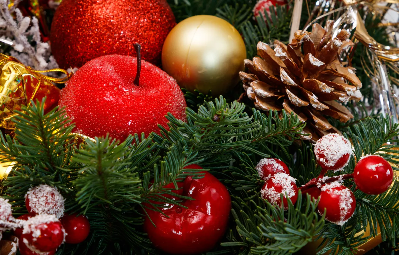 Photo wallpaper frost, balls, branches, berries, holiday, balls, apples, tree