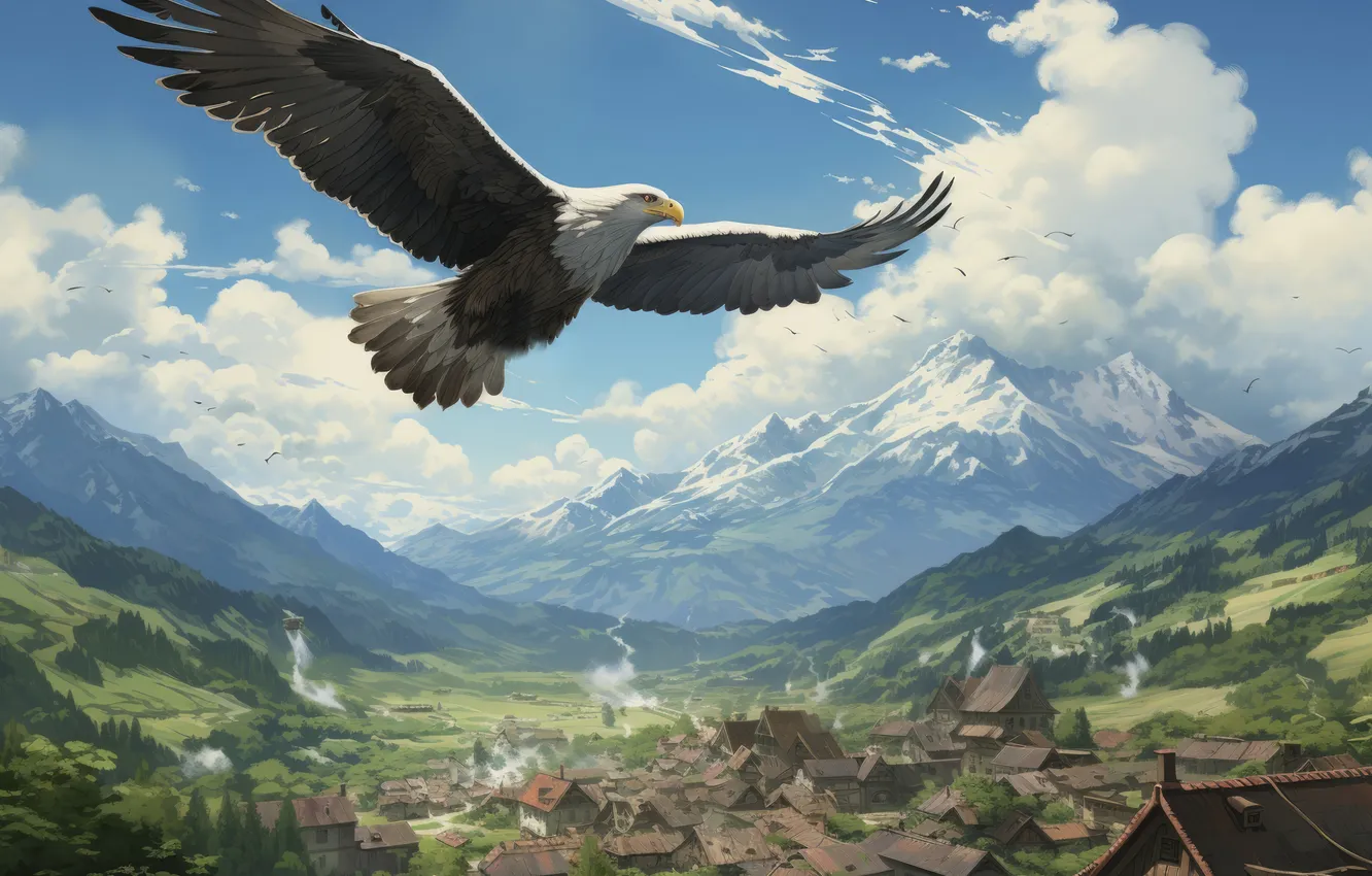 Photo wallpaper Clouds, Home, Mountains, Flight, Eagle, Wings, Digital art, AI art