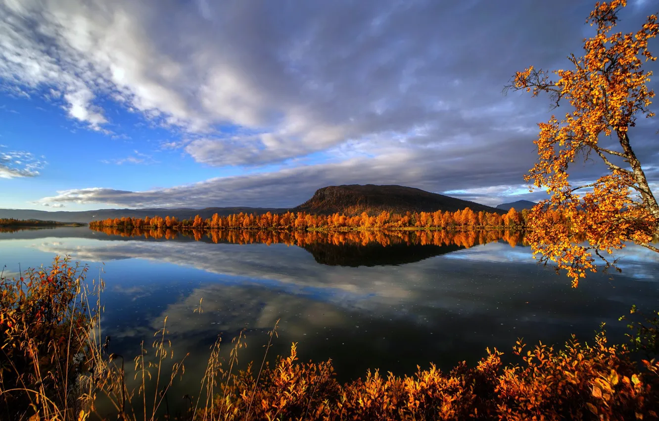 Photo wallpaper autumn, trees, mountains, lake, reflection, river, Sweden