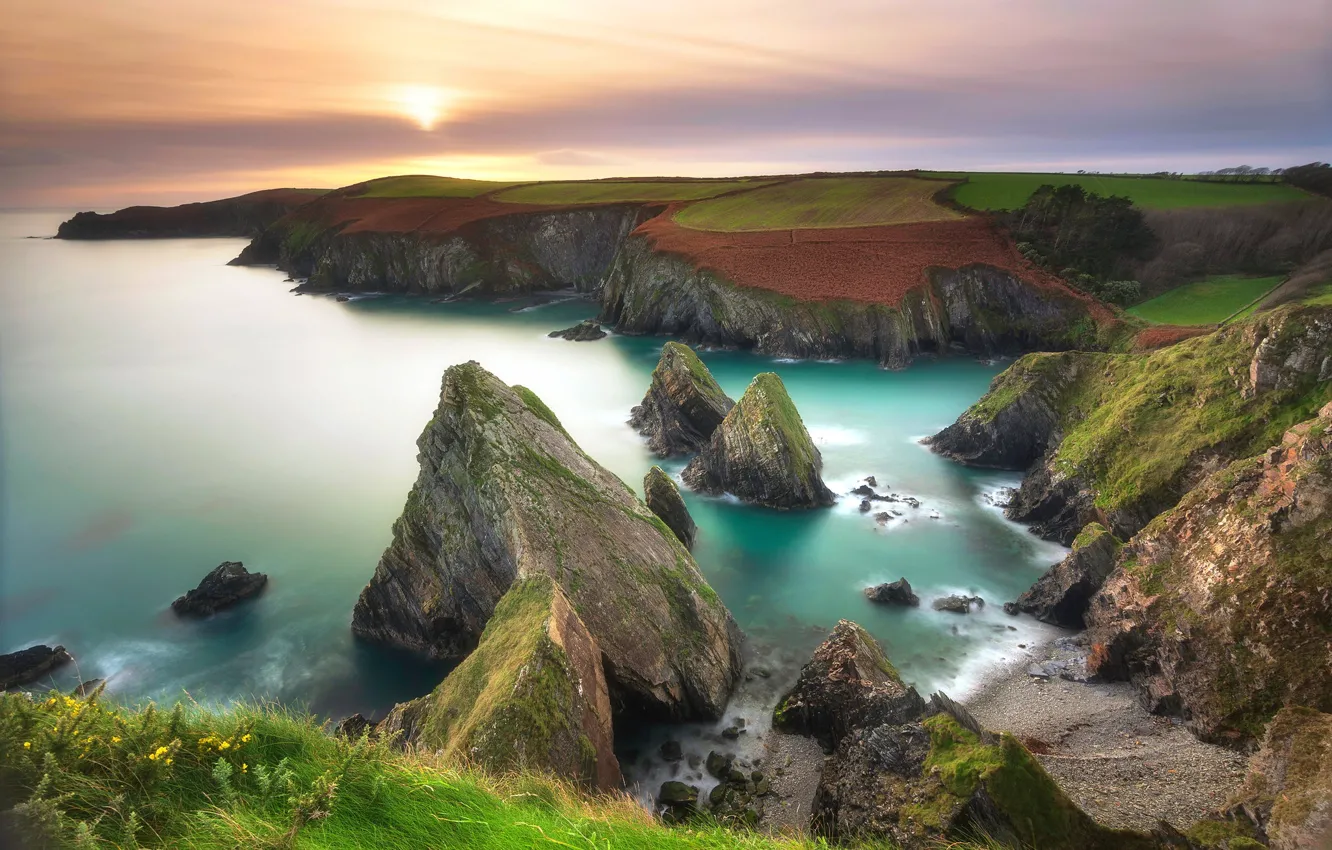 Photo wallpaper sea, the sun, rocks, shore, view, morning
