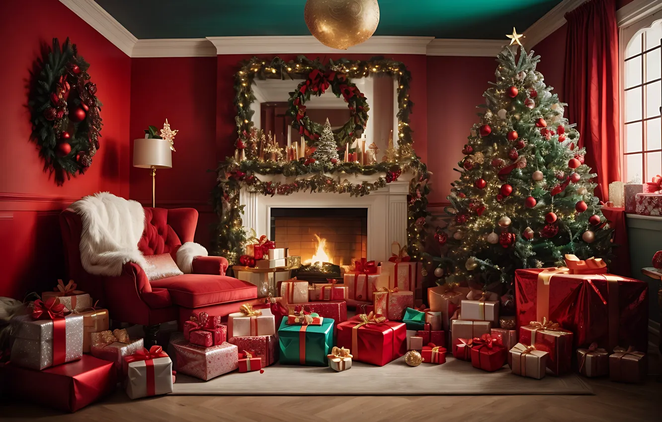 Photo wallpaper decoration, room, gift, balls, tree, new year, interior, Christmas