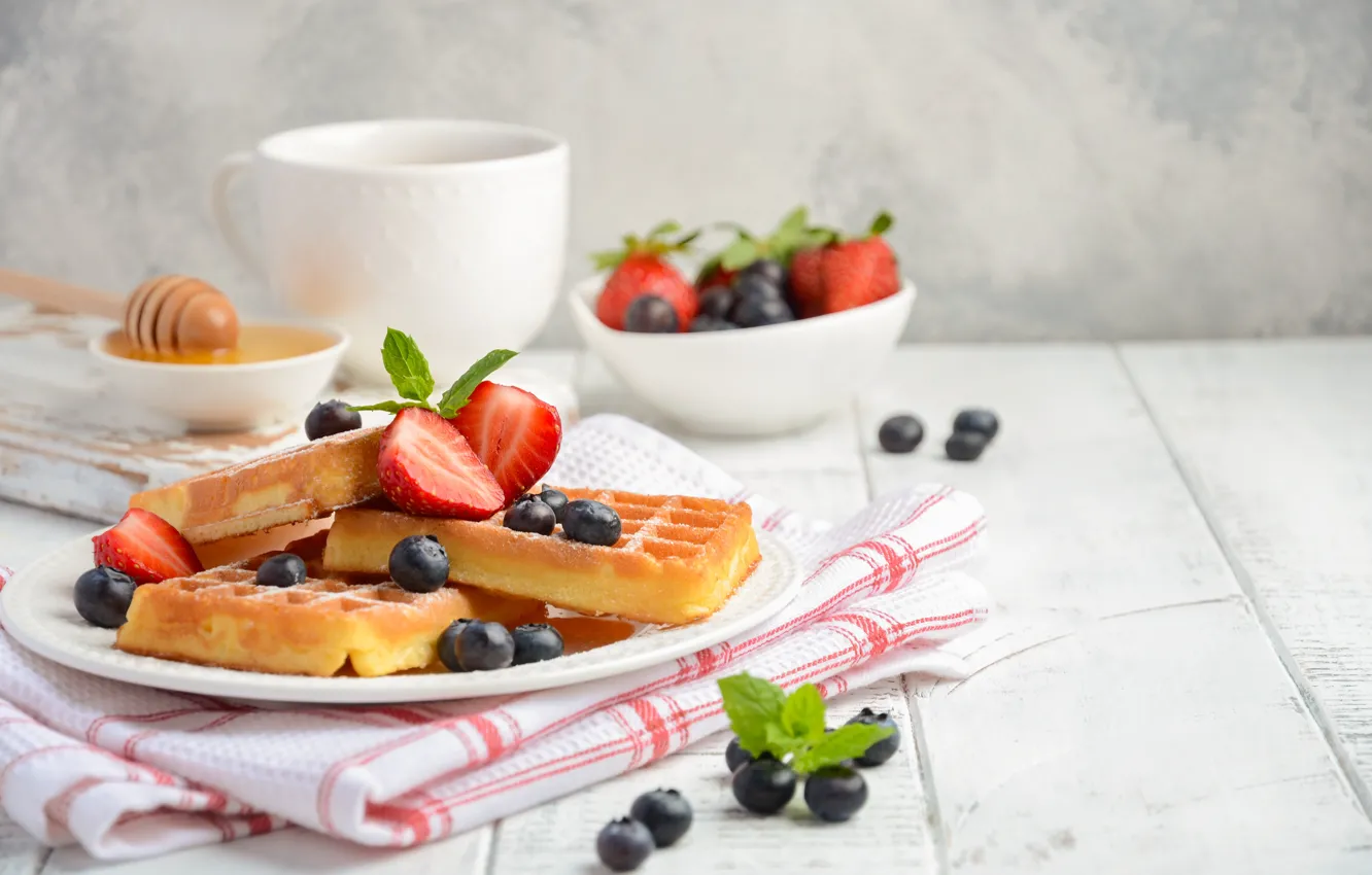 Photo wallpaper berries, coffee, Breakfast, waffles, Iryna Melnyk