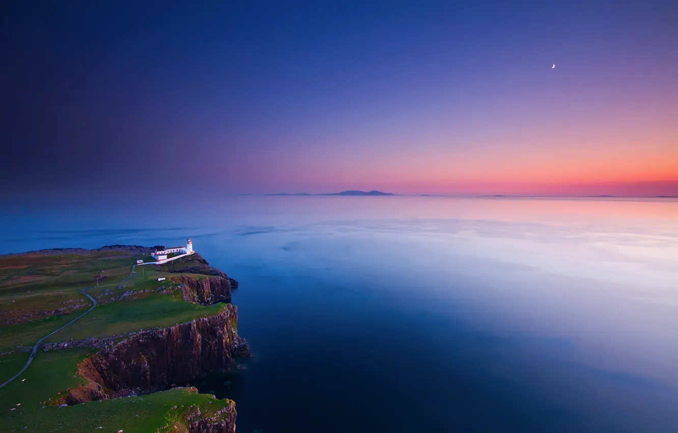 Photo wallpaper the sky, sunset, rocks, the moon, shore, lighthouse, the evening