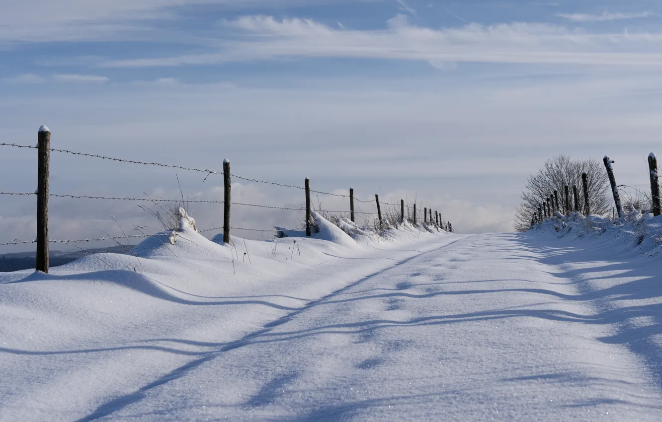 Photo wallpaper winter, frost, road, field, the sky, light, snow, nature