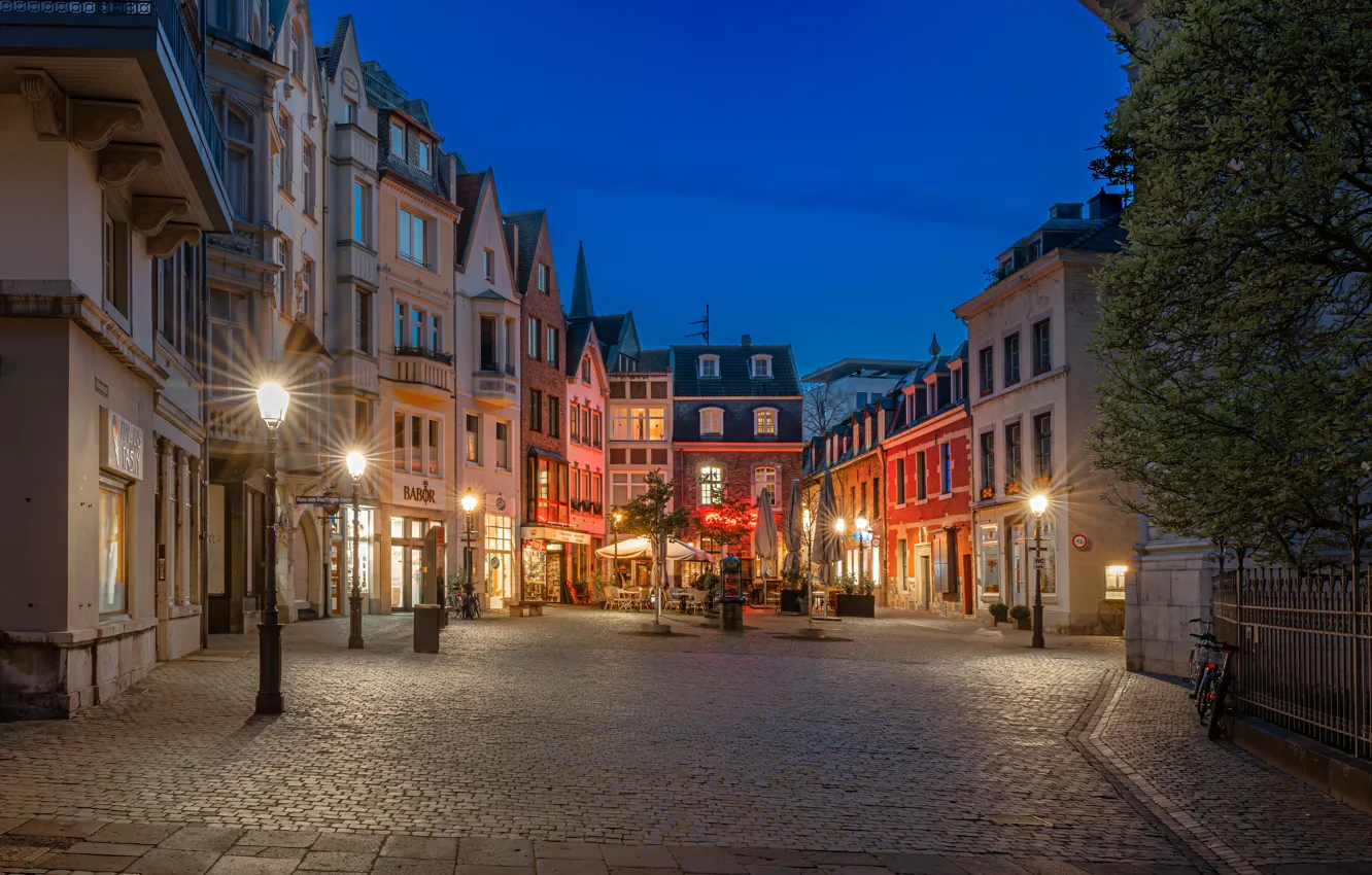 Photo wallpaper street, building, home, the evening, Germany, lights, Germany, Aachen