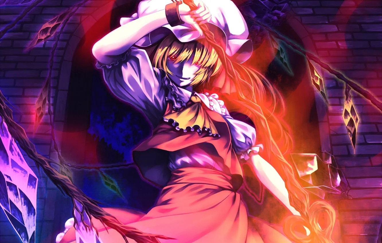 Photo wallpaper girl, lights, weapons, magic, wings, art, crystals, cap