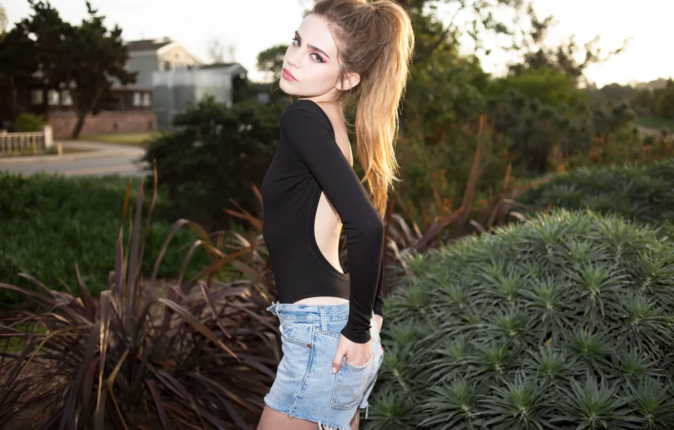 Photo wallpaper girl, shorts, bodysuit, legs, brown hair, brown eyes, photo, ponytail