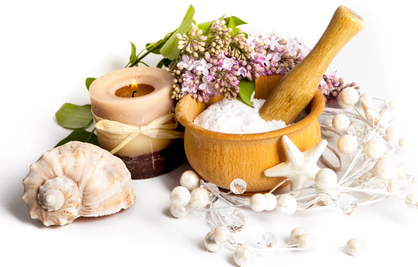 Photo wallpaper flowers, candles, lilac, candle, spa, shells, seashells