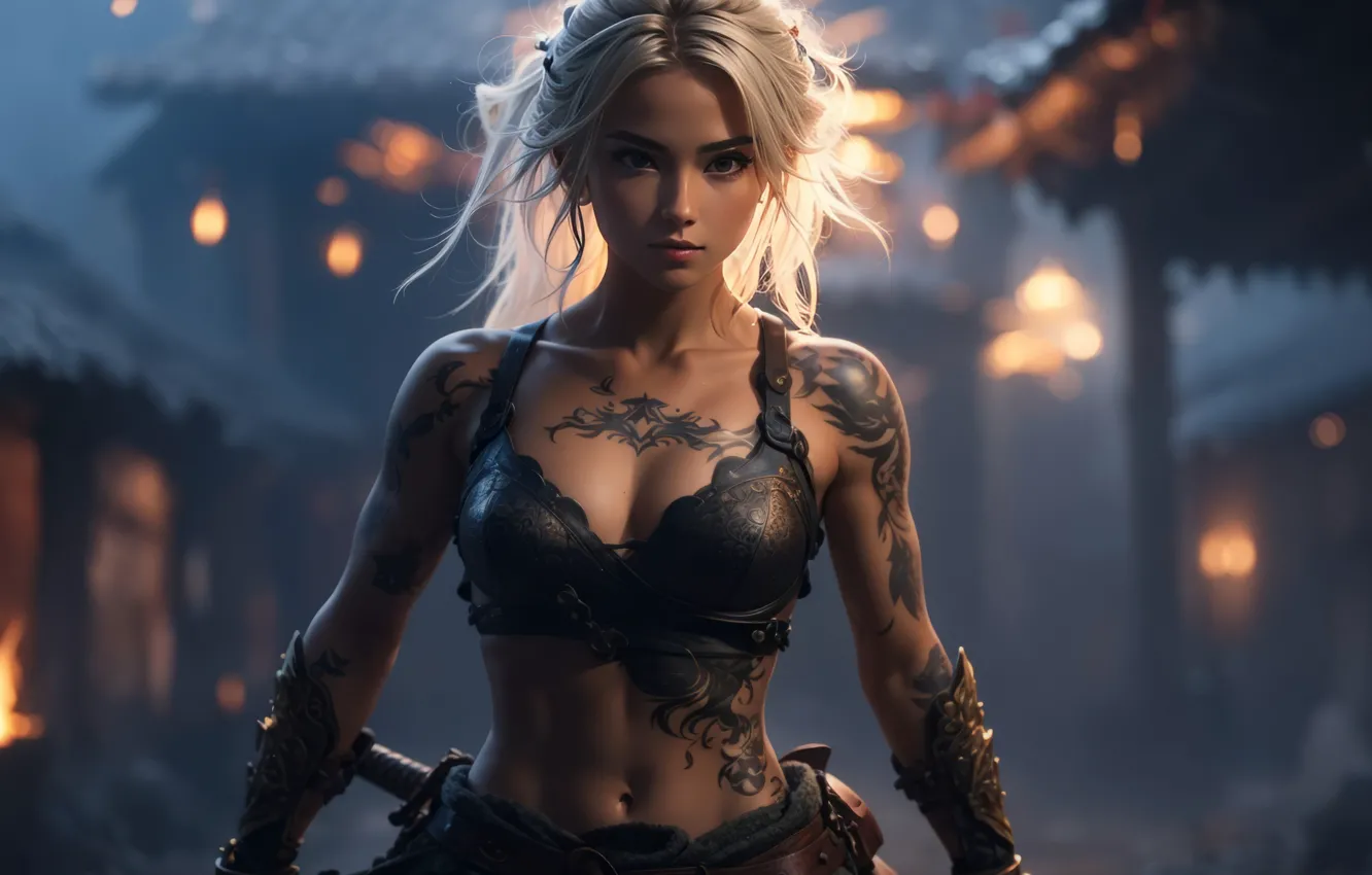 Photo wallpaper AI ART, Blondinka, devushki, fentezi, girl, tattoo, art