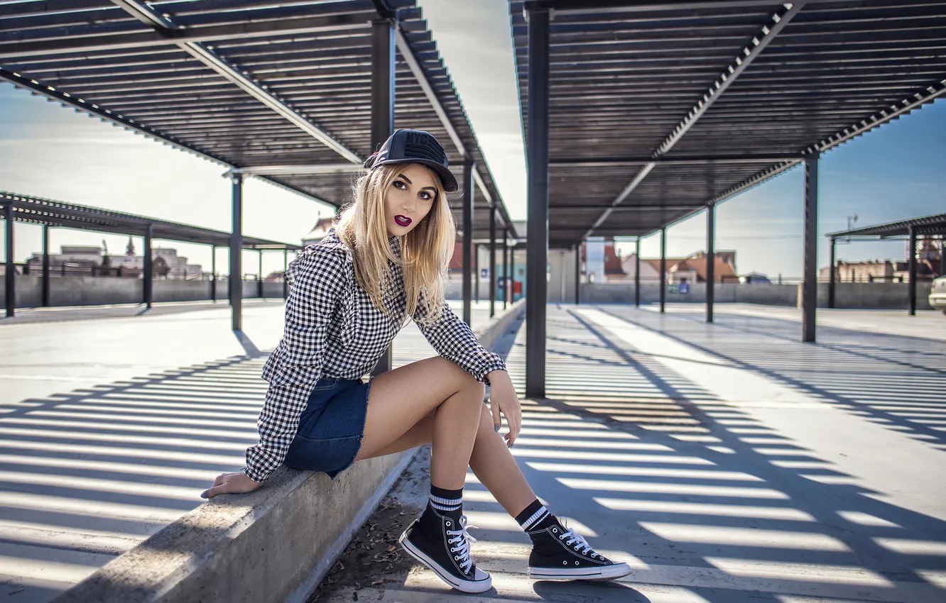 Photo wallpaper girl, shorts, long hair, beautiful, model, sweet, makeup, sneakers