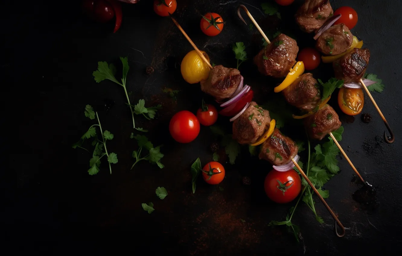 Photo wallpaper greens, the dark background, bow, meat, vegetables, tomatoes, kebab, skewers