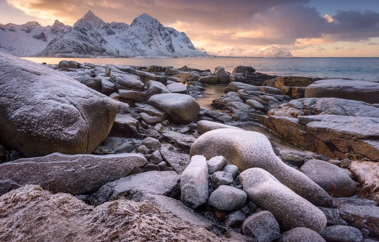 Photo wallpaper snow, sunset, stones, Norway, Flakstad, Varied, Lofoten