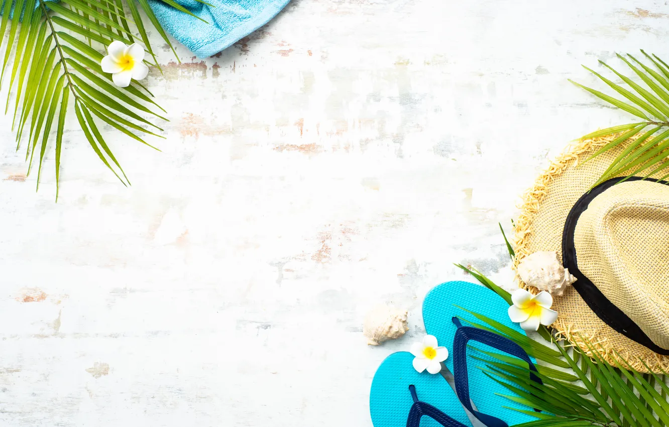 Photo wallpaper vacation, hat, shell, beach, hat, slates, vacation, tropical