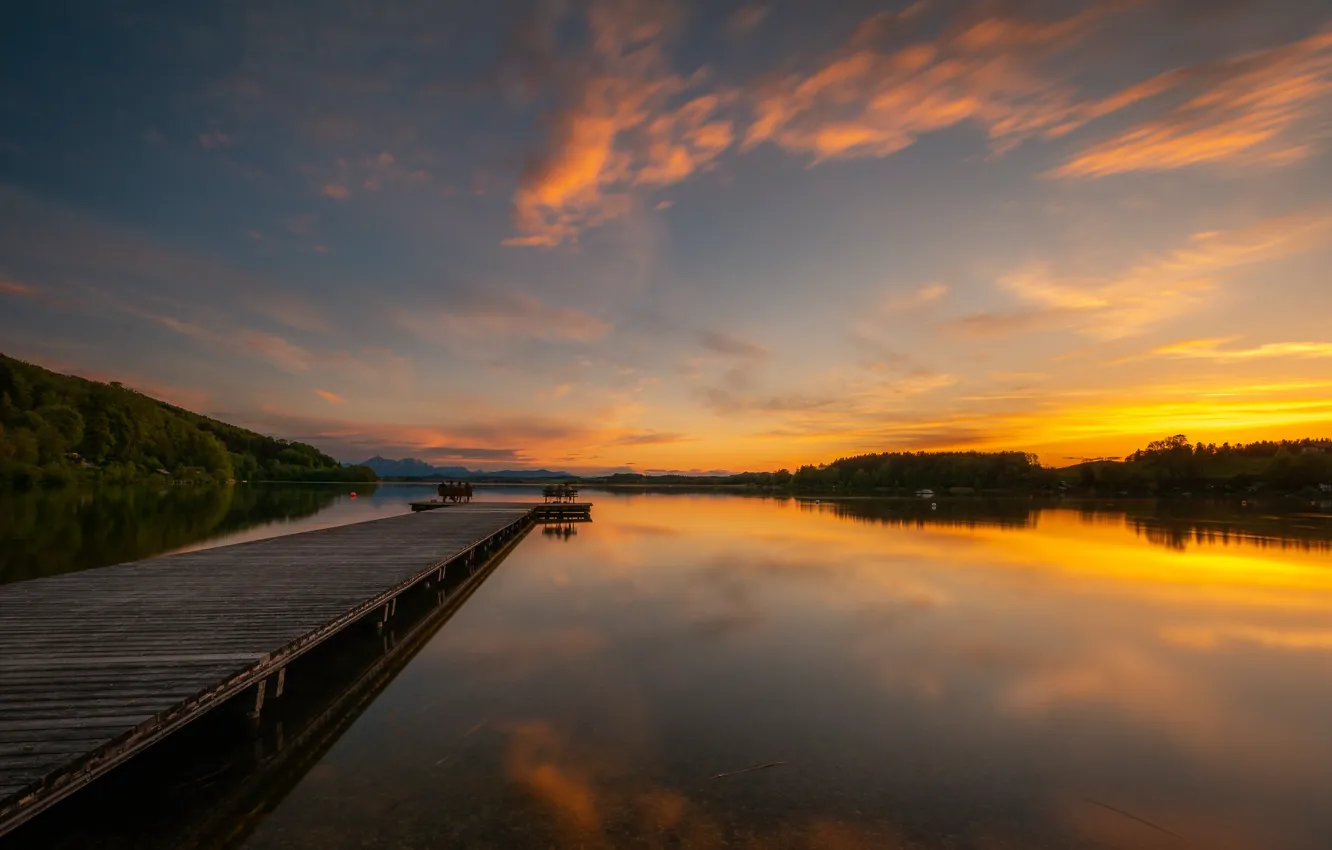 Photo wallpaper sunset, lake, shore, pierce, the bridge, bridges