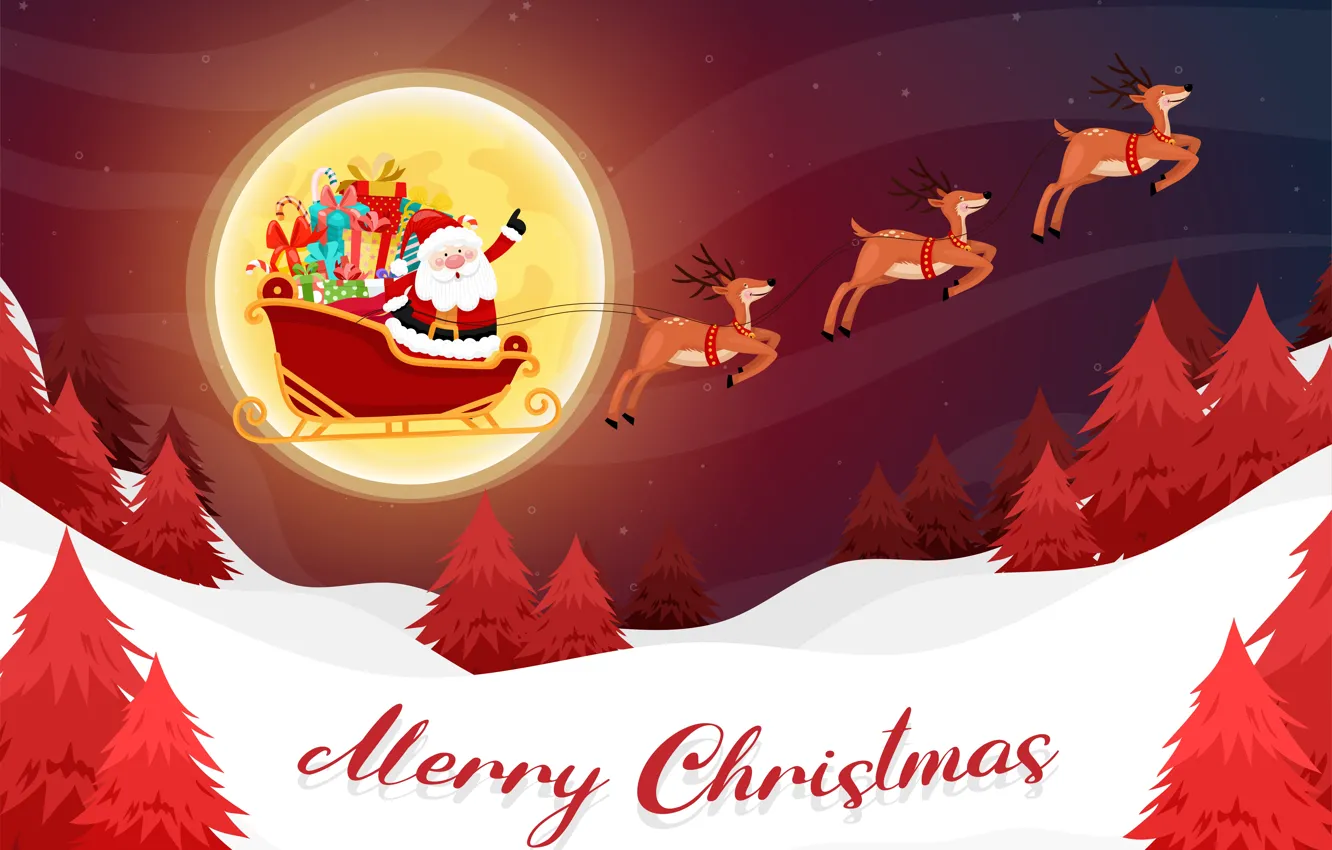 Photo wallpaper winter, snow, night, the moon, tree, new year, deer, Christmas