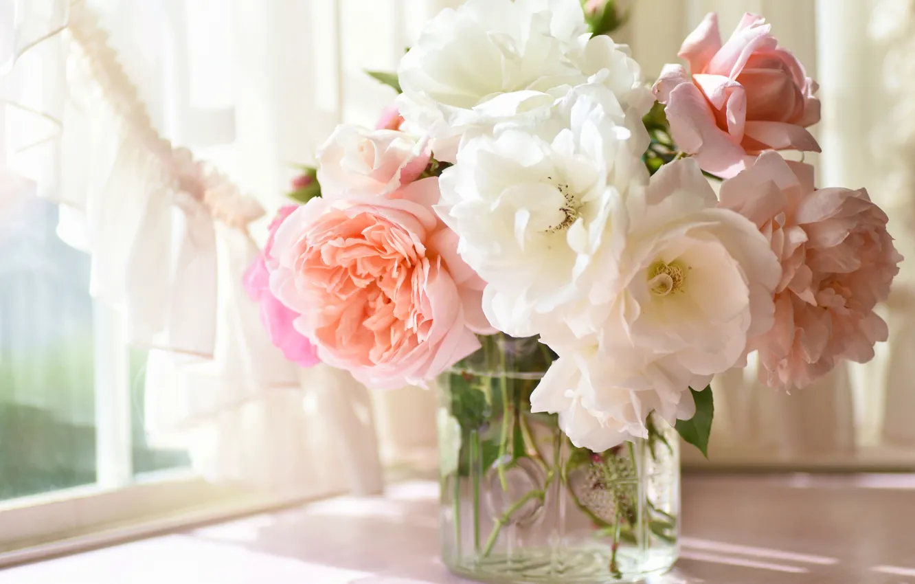 Photo wallpaper roses, bouquet, vase
