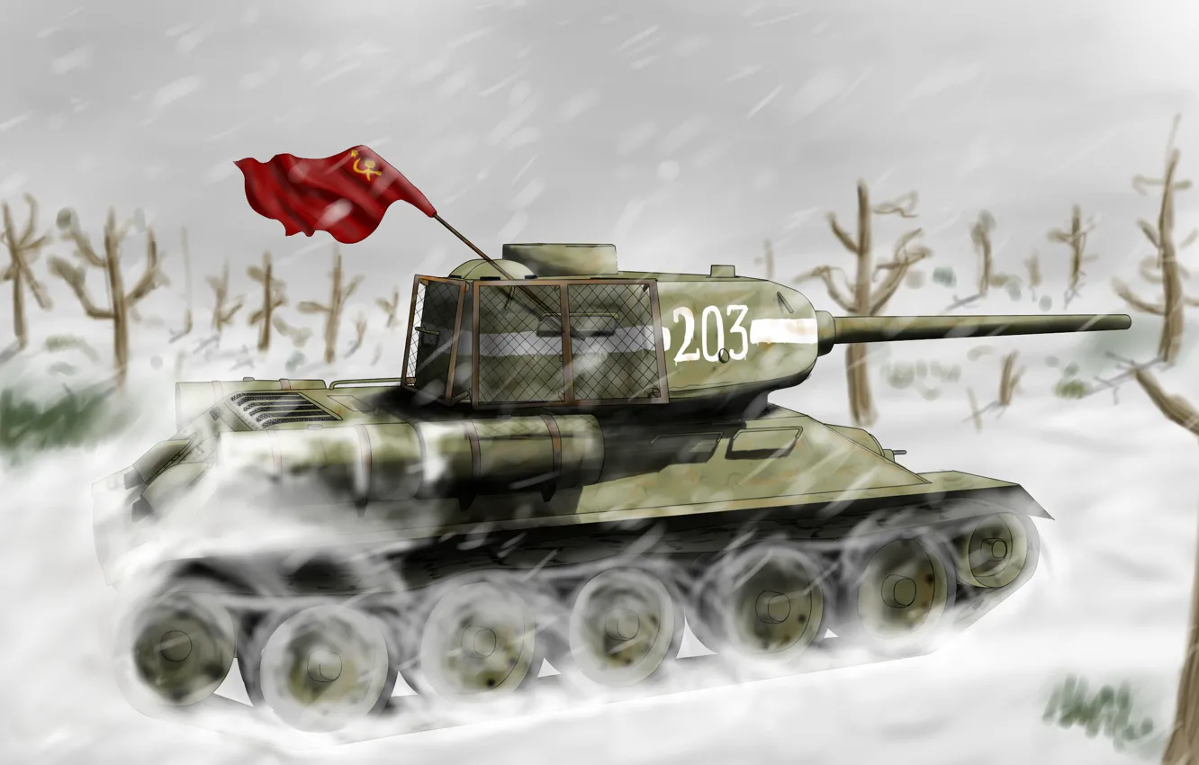 Photo wallpaper winter, snow, figure, art, tank, USSR, Blizzard, WWII
