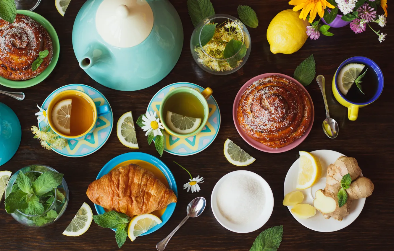 Photo wallpaper lemon, tea, honey, Cup, lemon, honey, grass, cakes