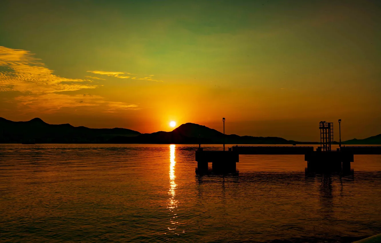 Photo wallpaper sea, landscape, sunset, silhouette