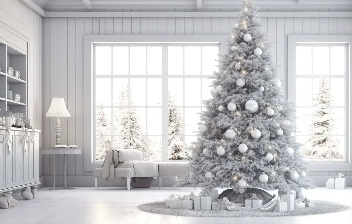 Photo wallpaper winter, decoration, room, balls, tree, interior, New Year, Christmas