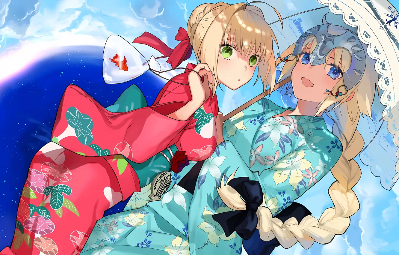 Photo wallpaper green eyes, long hair, dress, girls, umbrella, saber, anime, blue eyes