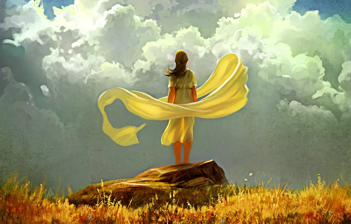 Photo wallpaper autumn, the sky, grass, girl, clouds, the wind, stone, art