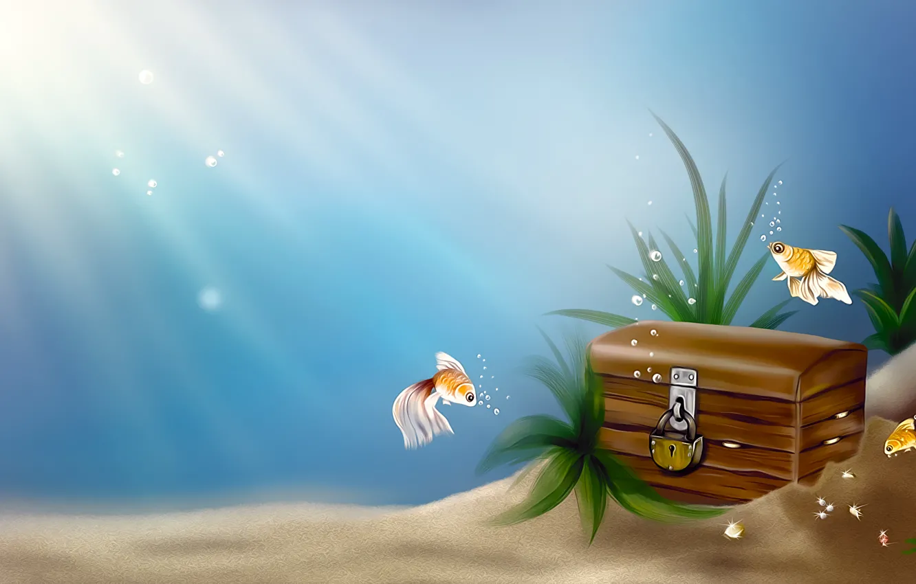 Photo wallpaper sea, fish, fish, bubbles, castle, art, treasure, chest